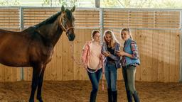 Die Reitermädchen Anabel (Mia/Delphine Lohmann, Mitte), Jule (Tatjana Hoter, li.) und Trixie (Lill Söhn) lästern über Tabea.