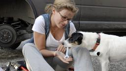 Marie (Mira Bartuschek) repariert zusammen mit ihrem Hund Räuber ein Auto.