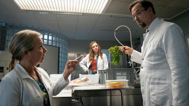 Bild: WDR/Bavaria Fiction GmbH/Thomas Kost Boerne (rechts) will wissen, wer den Tod von MagicMom nach außen getragen hat. Alberich (links) ist empört. Es war Emmalotta (Mitte), die sich nicht mehr blicken lassen darf.