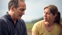Daniel Vogt (Jürgen Hartmann) konfrontiert seine Jugendfreundin Sandra (Ulrike C. Tscharre) mit Verdächtigungen gegen ihren verstorbenen Mann.