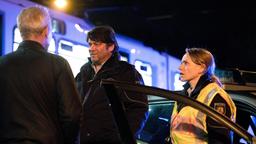 Die Polizisten Frank Lorenz (Roeland Wiesnekker, M) und Vera Kreykamp (Laina Schwarz, r) beschreiben Kommissar Max Ballauf (Klaus J. Behrendt, l), wie es zu dem tödlichen Zusammenstoß mit der Straßenbahn kam.