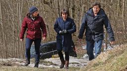 Franziska Tobler (Eva Löbau), Cornelia Harms (Steffi Kühnert) und Friedemann Berg (Hans-Jochen Wagner) auf dem Weg zum Tatort im Wald.