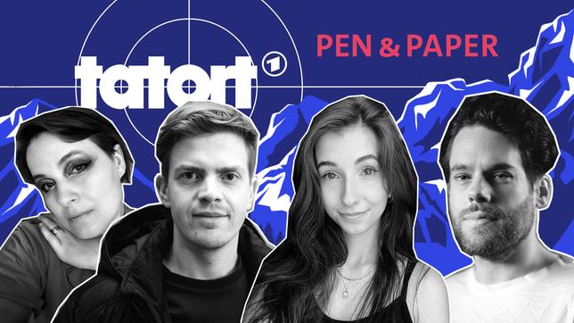 Pen & Paper-"Tatort" "Willkommen in Gaiglreuth" auf Twitch: Mhairé Stritter, Ferdinand Hofer, Baso und Florentin Will (v.l.n.r.)