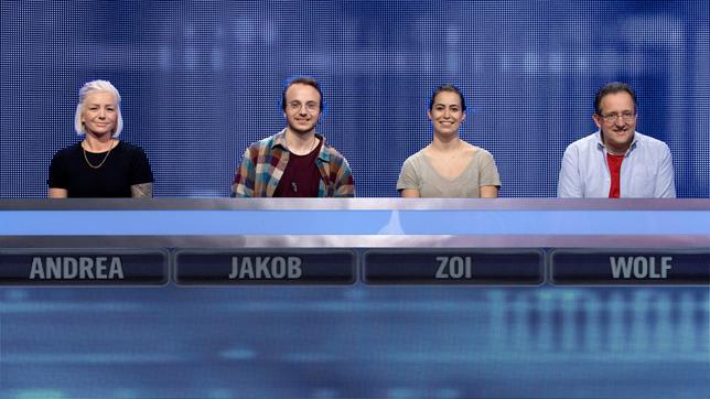Bild: ARD/Uwe Ernst Die Kandidat:innen der Sendung: Andrea Klemens, Jakob Müller, Zoi Papanagiotou und Wolf Fröhling.