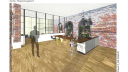 Entwurf neue Kanzlei-Räume: Küche und Besprechungstisch