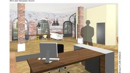 Entwurf neue Kanzlei-Räume: Blick über Yasmins Büroplatz