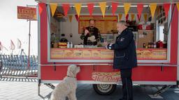 Wo Hot Dogs sind, ist der echte Hund nicht weit: Helmut Husmann (Torsten Münchow, r. mit Komparse) bekommt in der Mittagspause wuschelige Gesellschaft.