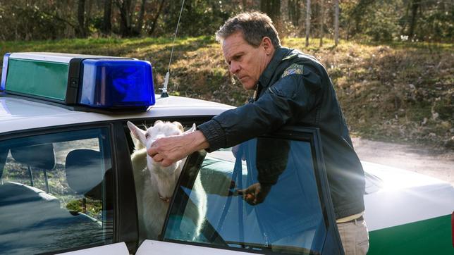 Hubert (Christian Tramitz) hat die Ziege "Trixie", im Polizeiauto zum Revier gebracht.
