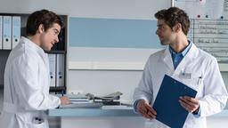 In aller Freundschaft - Die jungen Ärzte (22): Dr. Niklas Ahrend (Roy Peter Link) und Ben Ahleck (Philipp Danne) besprechen sich.