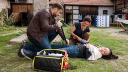 Matteo (Mike Adler) und Leyla Sherbaz (Sanam Afrashteh) finden auf einem Bauernhof die verletzte Meera Hauser (Andrea Guo) und leisten erste Hilfe.