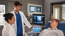 Mit Hilfe eines Ultraschall können Dr. Leyla Sherbaz (Sanam Afrashteh) und Ben Ahlbeck (Philipp Danne) die Ursache für Jonas' (Tom Hoßbach) Erektionsstörung ausfindig machen.