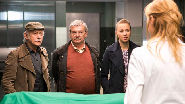 Dr. Rosalind Schmidt (Helene Grass) erklärt Edwin (Tilo Prückner), Günter (Wolfgang Winkler) und Vicky Adam (Katja Danowski), wie Dr. Körfer ums Leben gekommen ist.