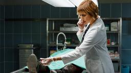Rechtsmedizin – Dr. Schmidt (Helene Grass) telefoniert und nimmt nebenbei die Leiche oberflächlich in Augenschein.