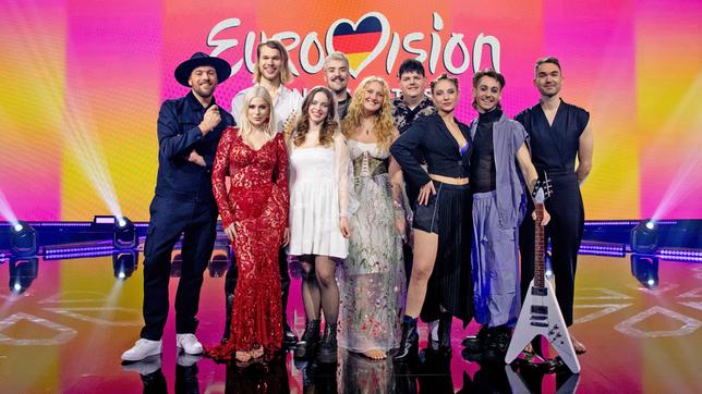 Alle Teilnehmer des deutschen ESC-Vorentscheids 2024: Max Mutzke, Marie Reim, NinetyNine, Leona, Floryan, Bodine Monet, Isaak, Galant und Ryk (v. l. n. r.).