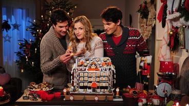Bild: ARD/Ann Paur Moritz Tittel, Ines Lutz und Daniel Fünffrock beim Backen, mit Lebkuchenhaus.
