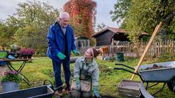 Alfons (Sepp Schauer, l., mit Johanna Graen) ist hoffnungsvoll, dass sich die harte Arbeit beim Einpflanzen der Narzissenzwiebeln gelohnt hat.