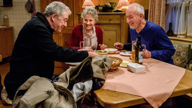 André (Joachim Lätsch), Hildegard (Antje Hagen) und Alfons (Sepp Schauer) sind sich einig. Sie wollen das Angebot der Bank ablehnen.