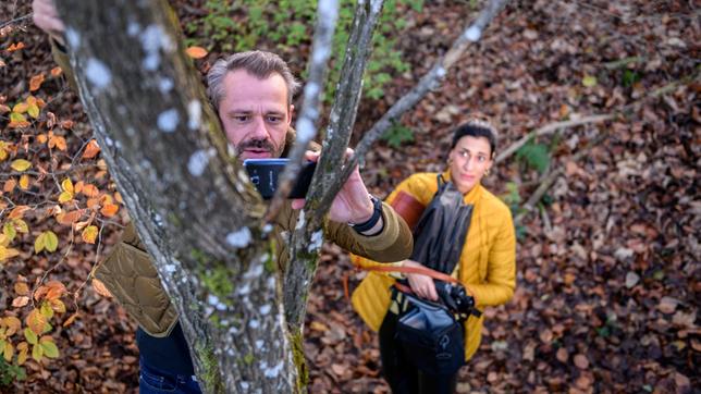 Erik (Sven Waasner) klettert beim Vögelbeobachten mit Ulrike (Genoveva Mayer) sogar auf einen Baum.