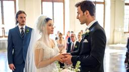 Hochzeit: Adrian (Max Alberti) steckt Clara (Jeannine Wacker) im Beisein von William (Alexander Milz) und den Hochzeitsgästen den Ehering an.