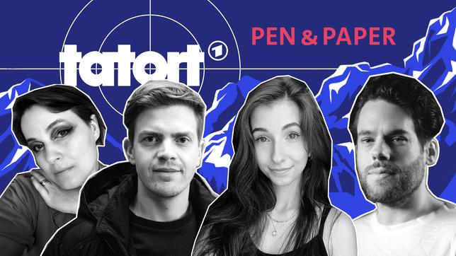 Bild: BR Pen & Paper-"Tatort" "Willkommen in Gaiglreuth" auf Twitch: Mhairé Stritter, Ferdinand Hofer, Baso und Florentin Will (v.l.n.r.)
